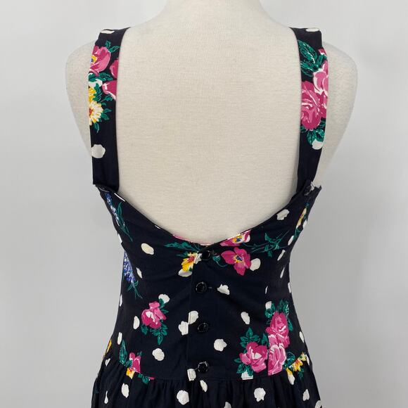 Vintage Lanz Midi Dress Polka Dot Floral Print Drop Waist Fit & Flare Black 4 - Picture 7 of 9